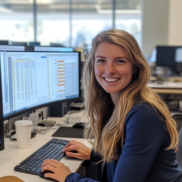 Een vrouw lacht naar de camera terwijl ze achter een bureau aan het werk is.