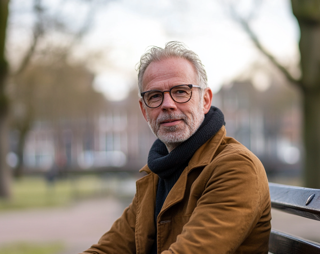 Oude man heeft AOW en zit op een bankje in het park.